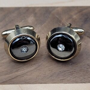 Hickok Mid-century MCM Cufflinks Oval Black Enamel With Clear Stone Gold Tone